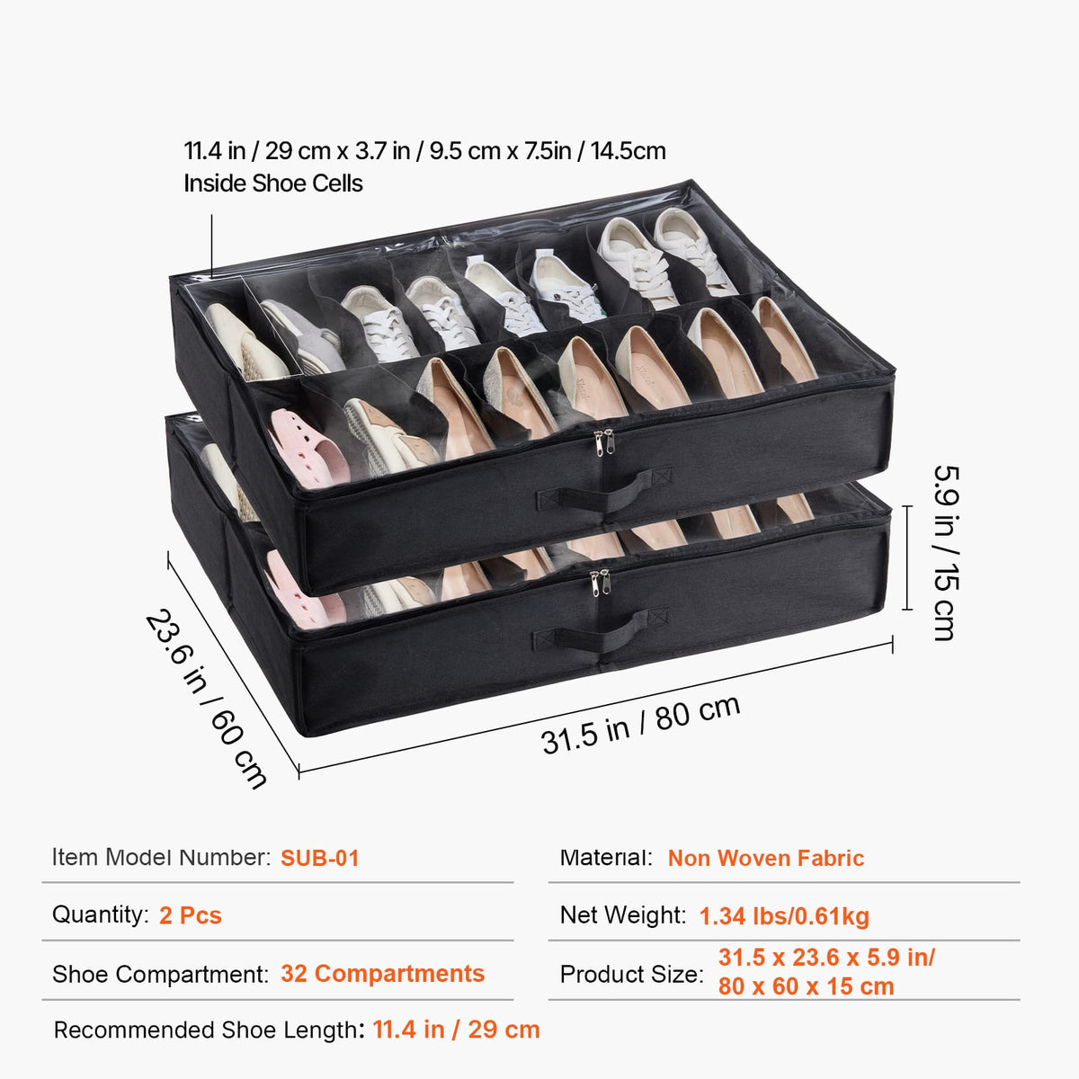 Black Under Bed Shoe Storage - 32 Compartments