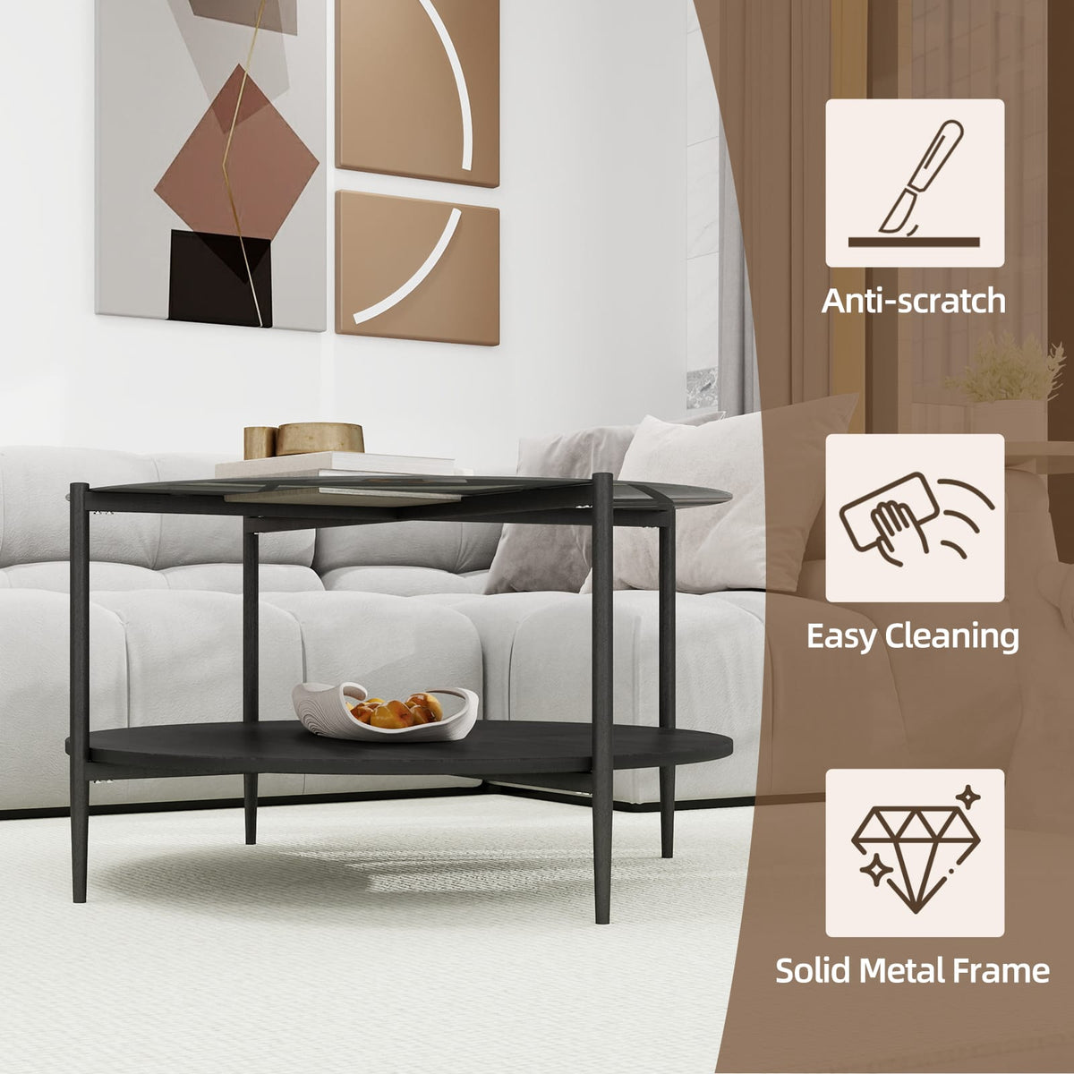 Black Oval Coffee Table with Glass Top & Wooden Shelf
