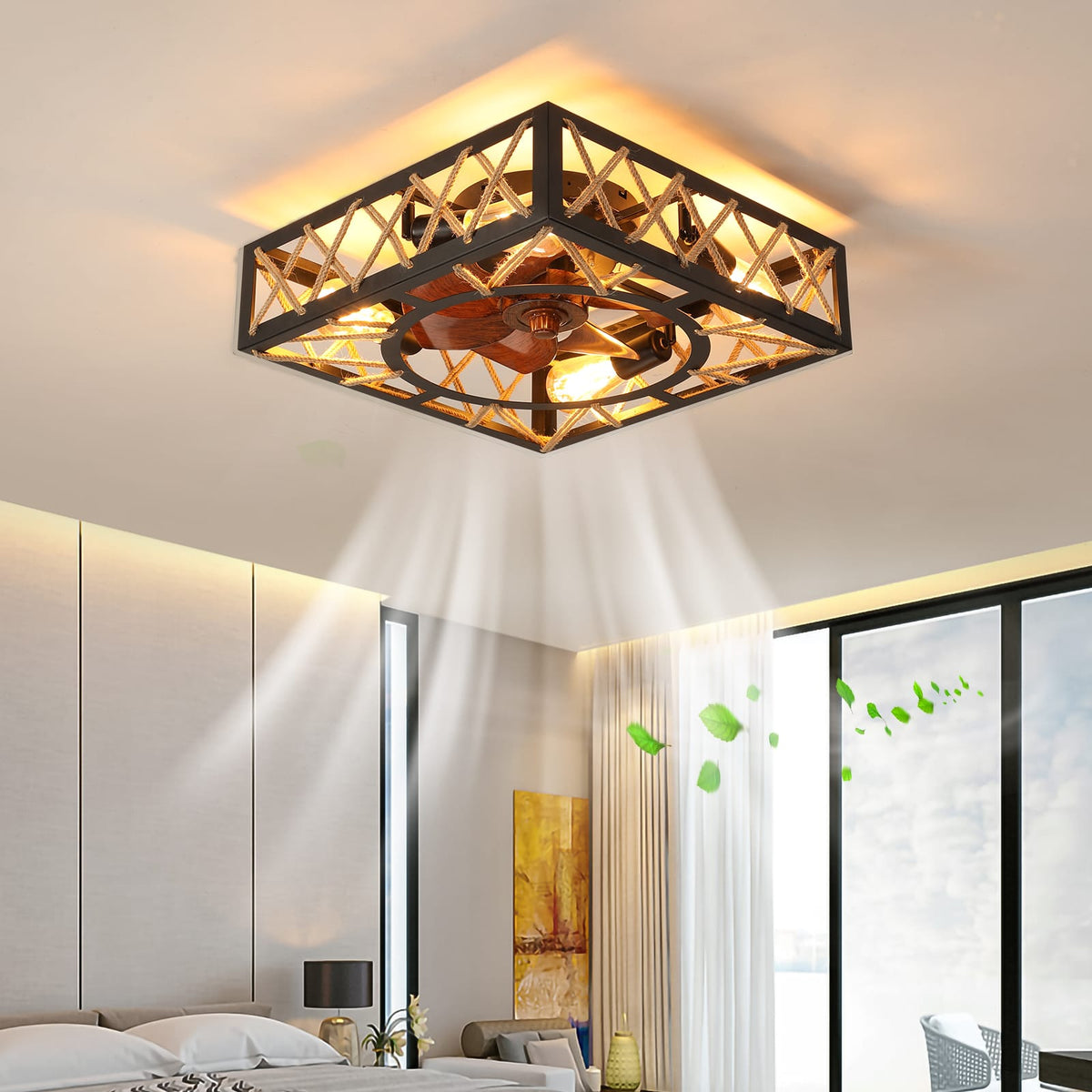Black Iron Caged Ceiling Fan - 6 Speed Remote Control