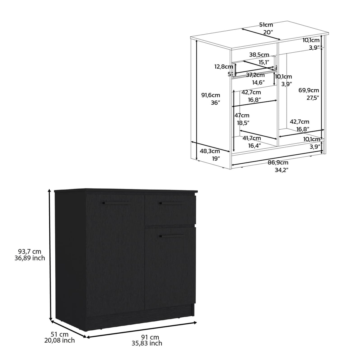 Black Engineered Wood Dresser - 2-Door & Single Drawer for Bedroom