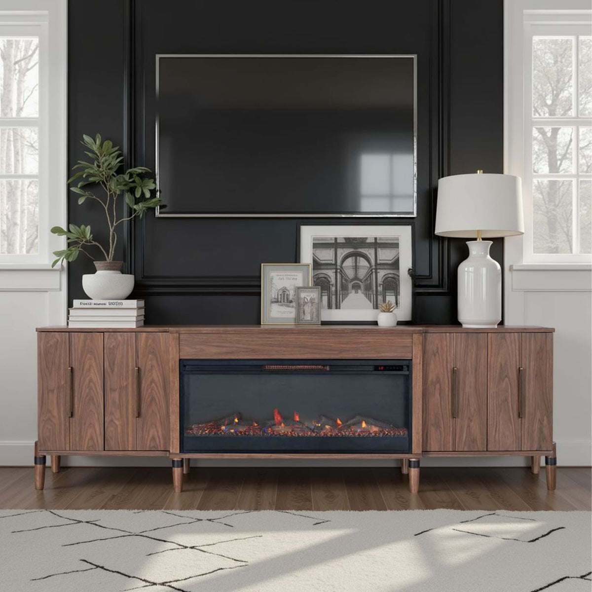 94 Inch Walnut TV Stand - Fireplace Media Console