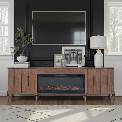 94 Inch Walnut TV Stand - Fireplace Media Console