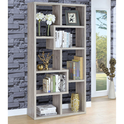 7-Shelf Driftwood Bookshelf - Grey Geometric Display for Living Room