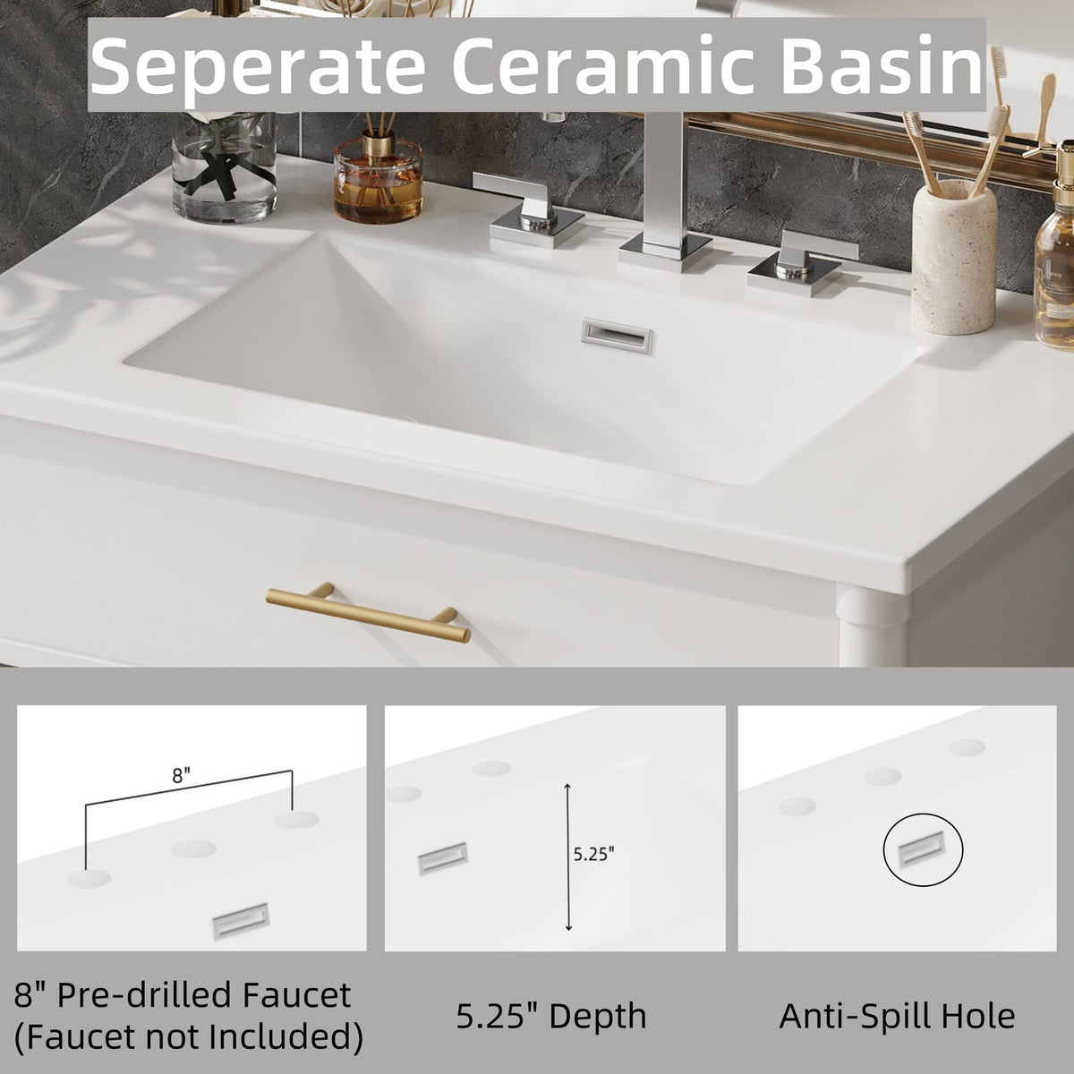30 Inch White Bathroom Vanity with Sink - MDF & Rubber Wood