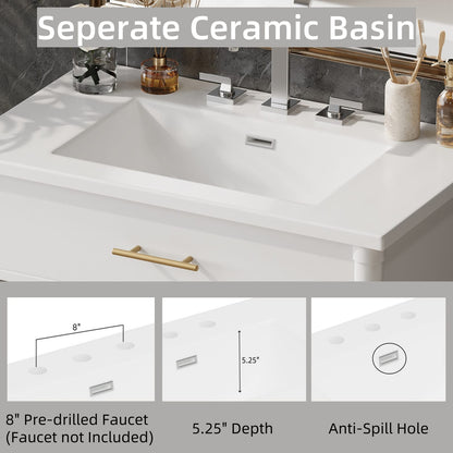 30 Inch White Bathroom Vanity with Sink - MDF & Rubber Wood