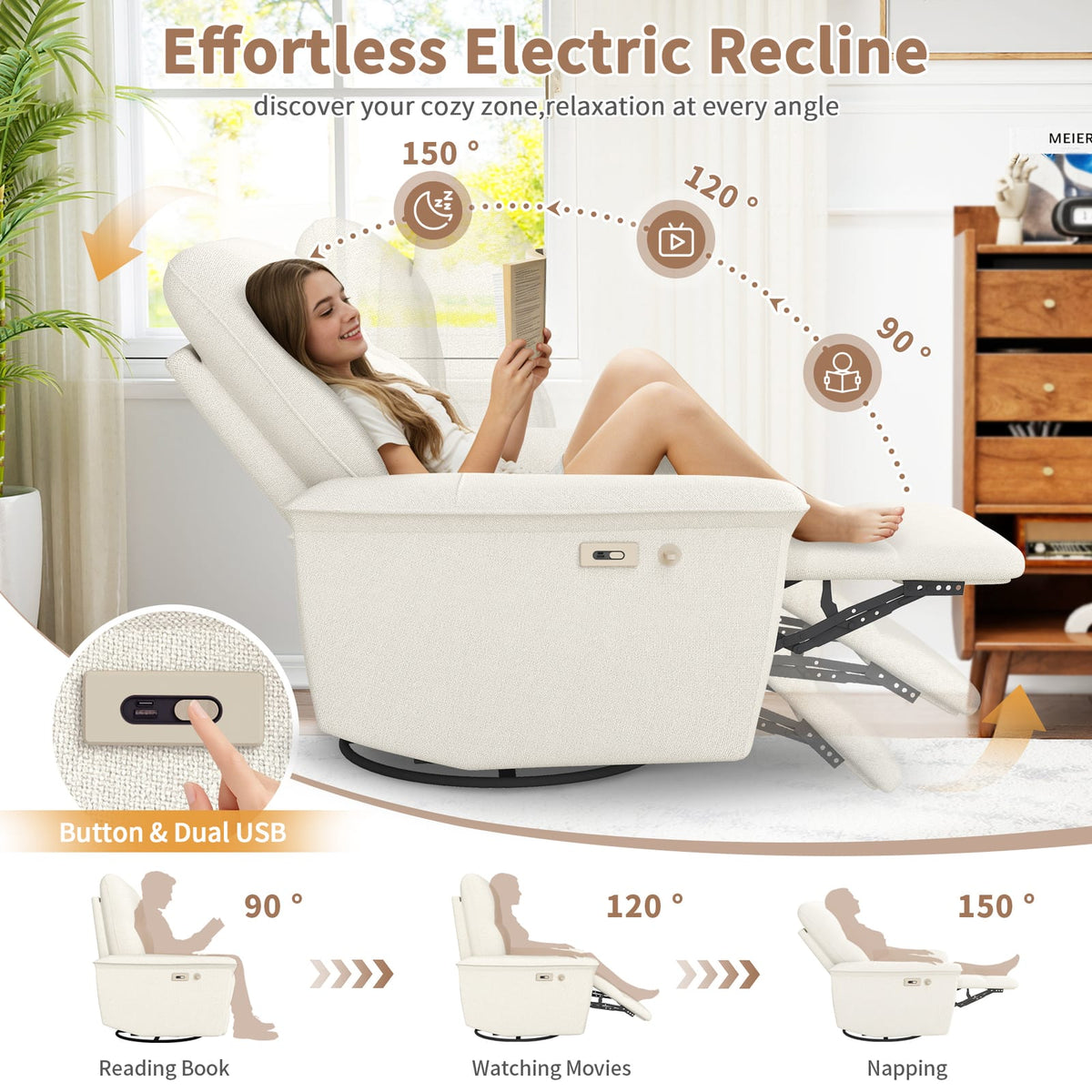 Beige Power Recliner Chair with USB - 270° Swivel & Rocker for Living Room
