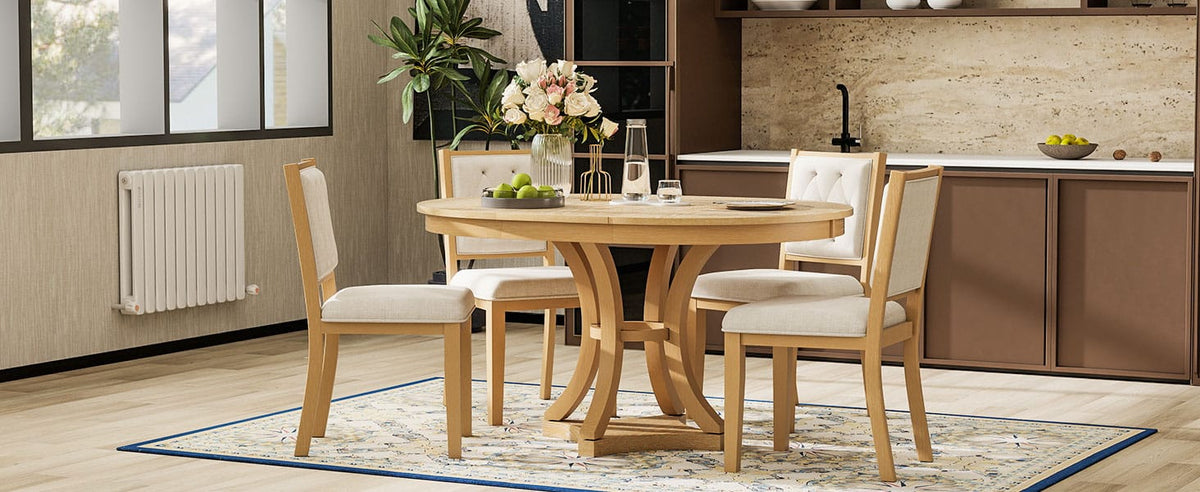 TREXM 5-Piece Retro Dining Table Set - Extendable Round Table & Chairs (Natural)