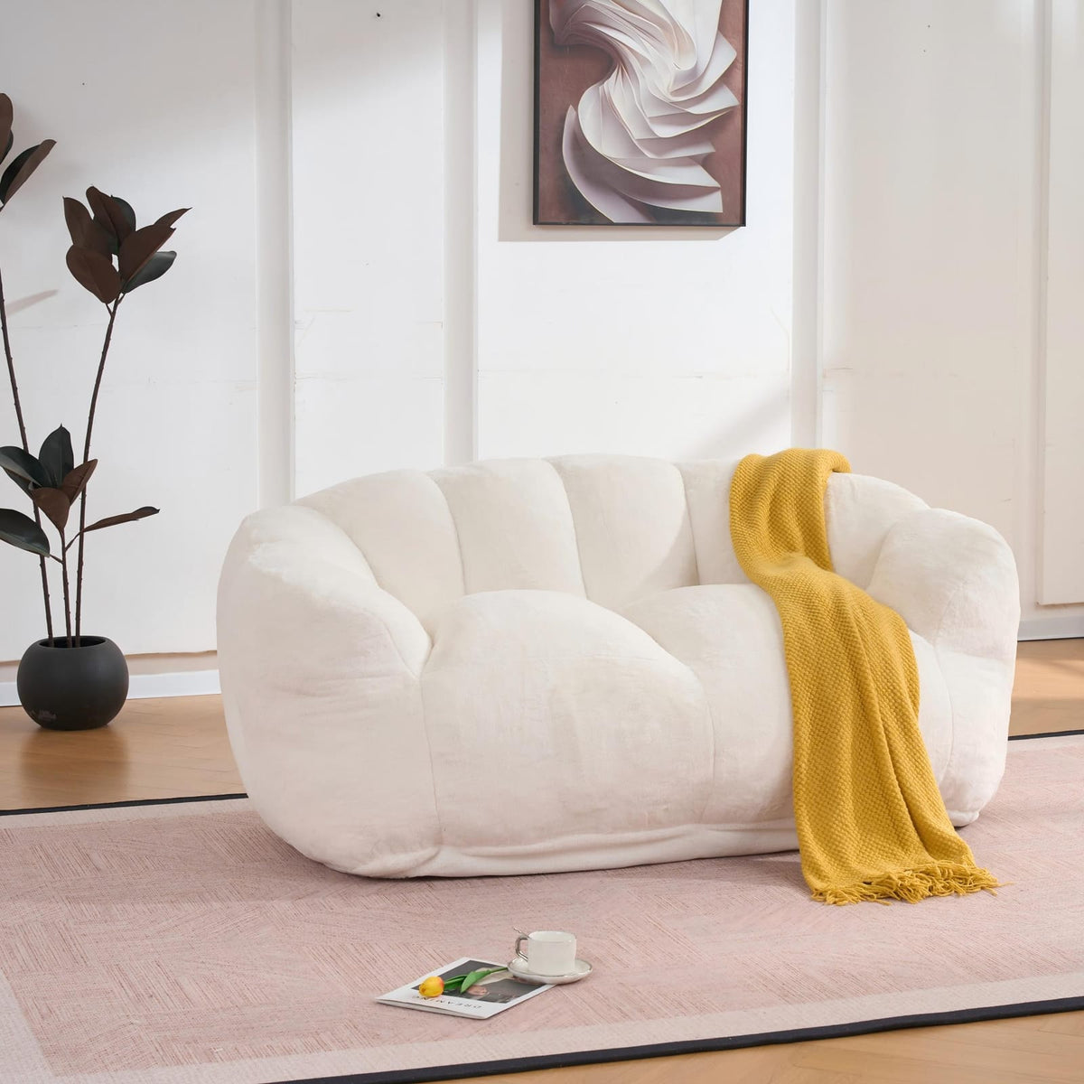Beige Faux Fur Floor Lazy Sofa for Living Room Comfort