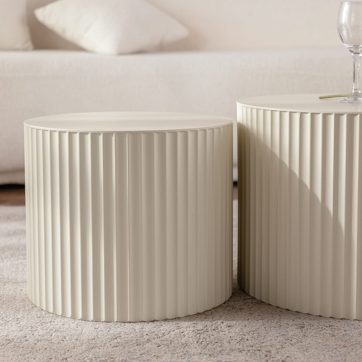 Beige White Round Nesting Coffee Table Set of 2