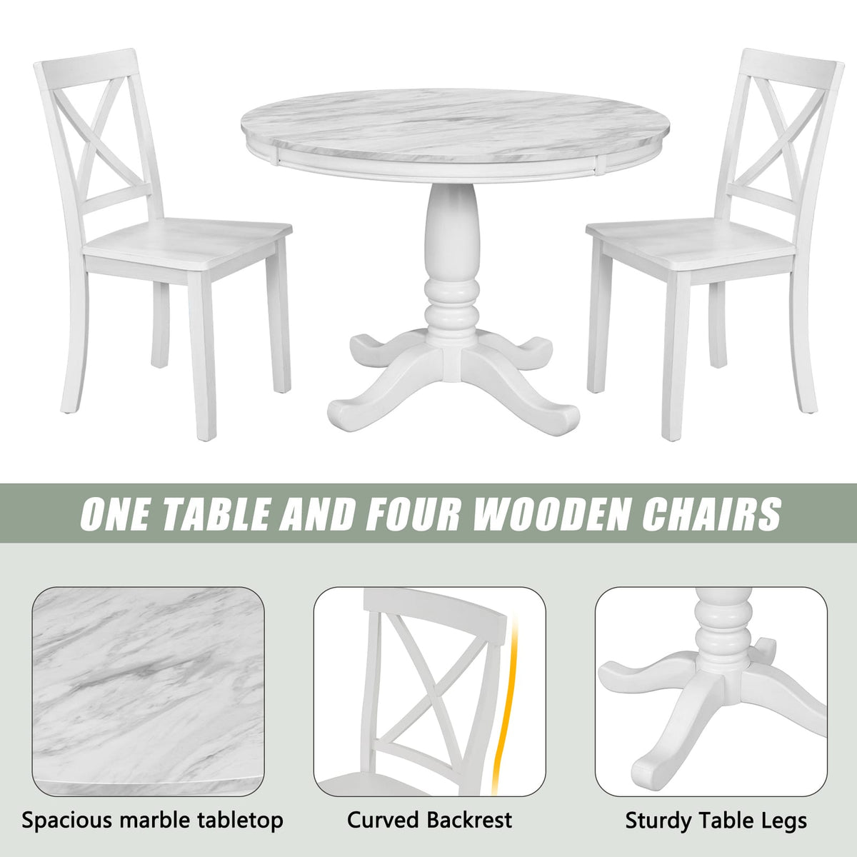 5-Piece Solid Wood Dining Table Set - White