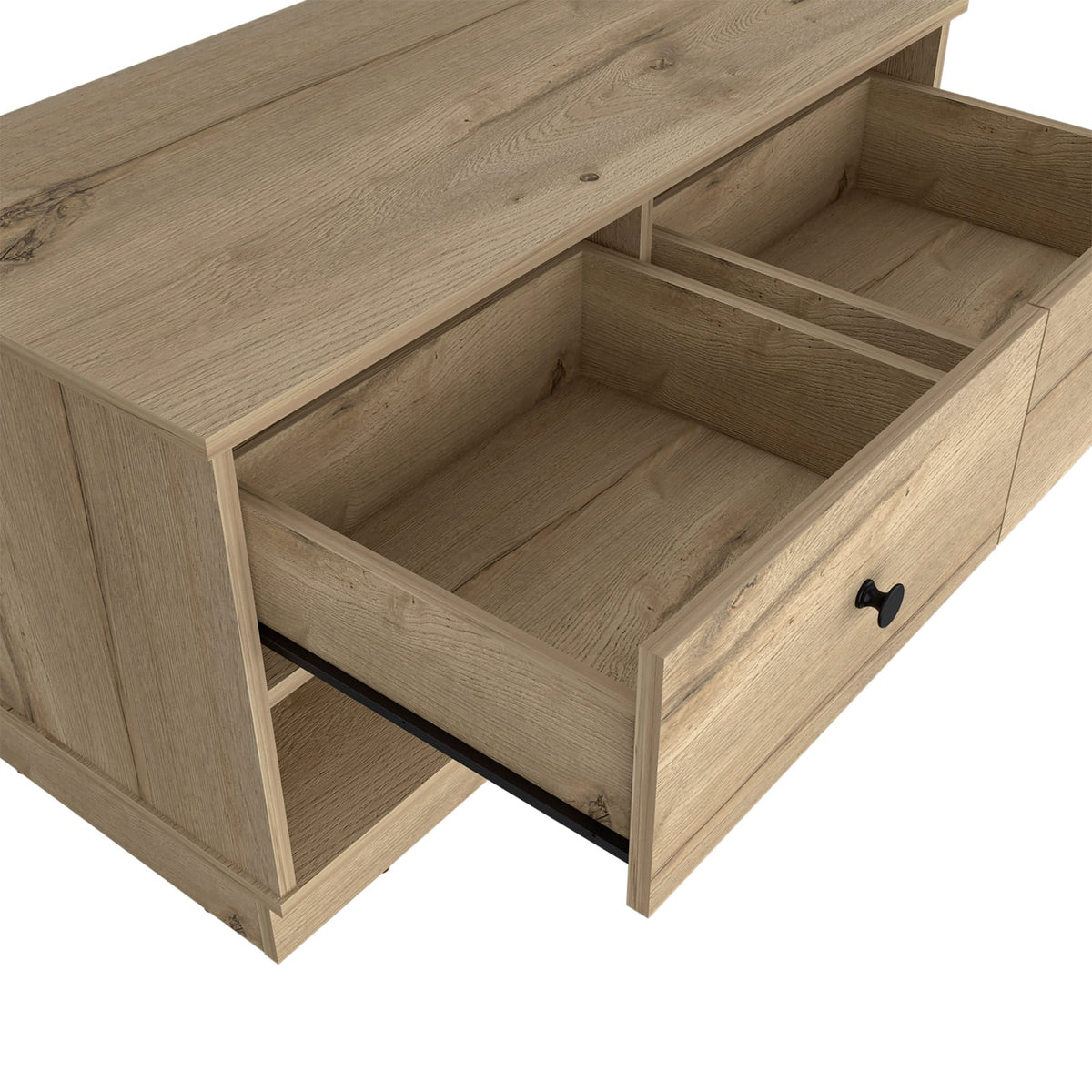 Light Oak Storage Bench with Two Drawers & Shelves for Living Room