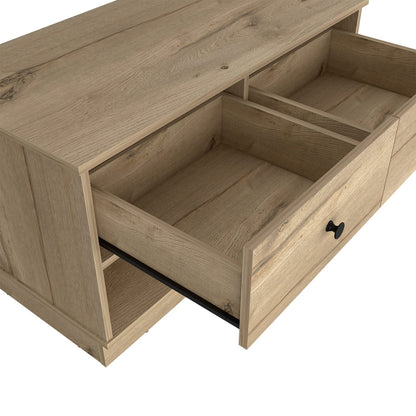 Light Oak Storage Bench with Two Drawers & Shelves for Living Room