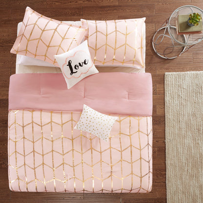 King Size Blush Polyester Comforter Set with Geometric Print