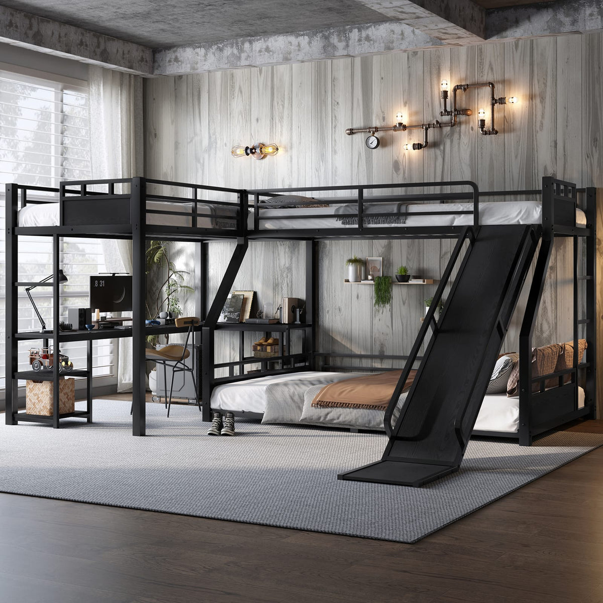 Metal Triple Bunk Bed with Desk and Slide for Kids Playroom for Bedroom