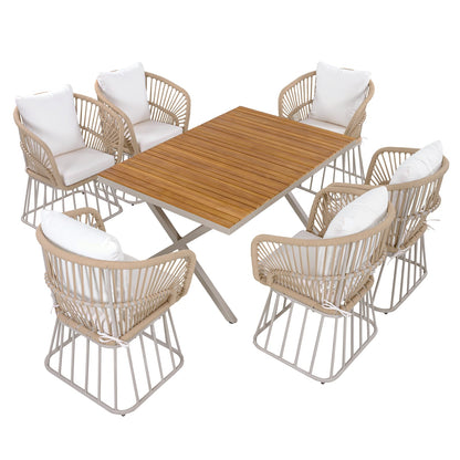 Outdoor 7-Piece Dining Set - Teak Wood Table & Beige Steel Chairs, Patio Furniture