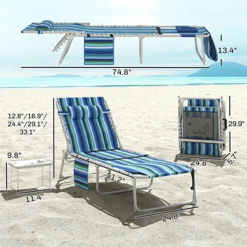 Folding Tanning Chair with Side Table - Blue Stripe for Living Room