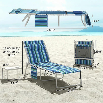 Folding Tanning Chair with Side Table - Blue Stripe for Living Room