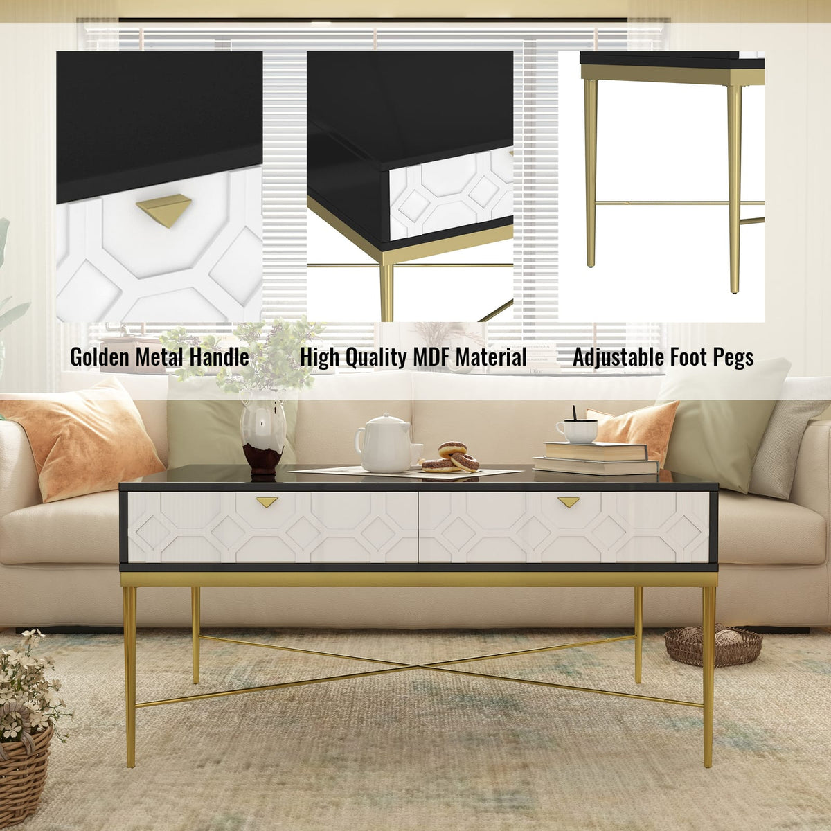 Modern Black & White Coffee Table with 2 Drawers - Storage Table