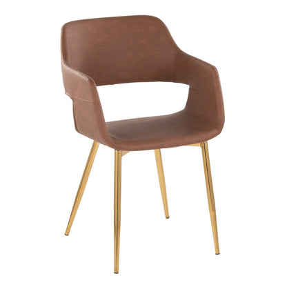 Contemporary Dining Chair - Brown Faux Leather & Gold Metal Set of 2