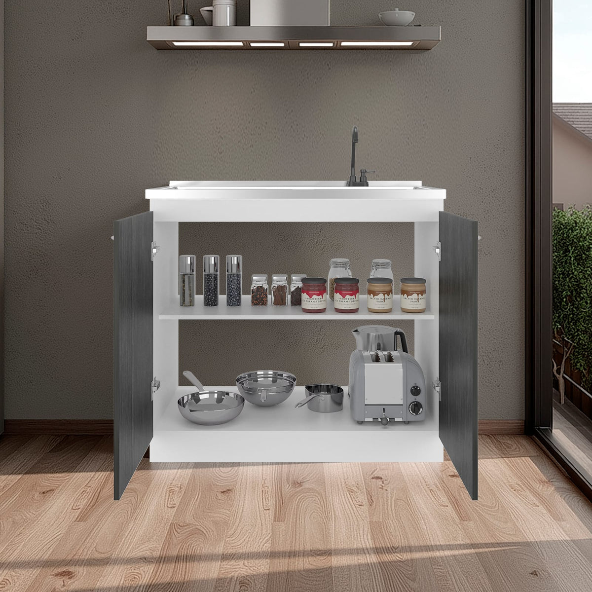 Grey White Kitchen Sink Cabinet with Faucet Storage