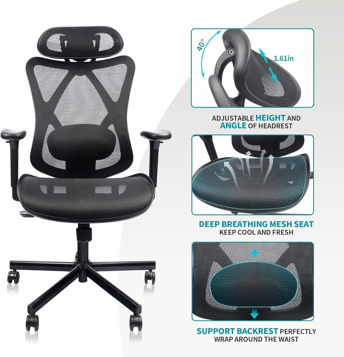 Black Mesh Office Chair with Adjustable Lumbar Support and Headrest