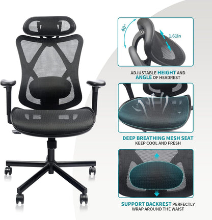 Black Mesh Office Chair with Adjustable Lumbar Support and Headrest