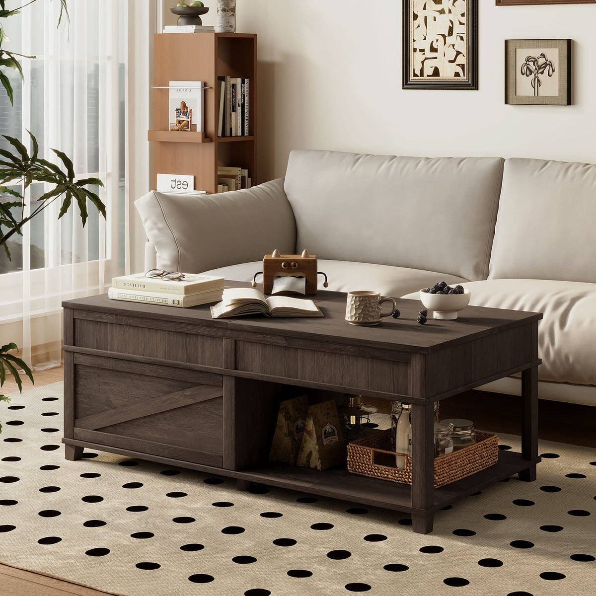 Lift-Top Coffee Table with Hidden Storage, Brown for Living Room
