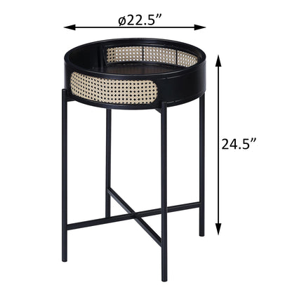 Round Black Wood Metal Nightstand Table