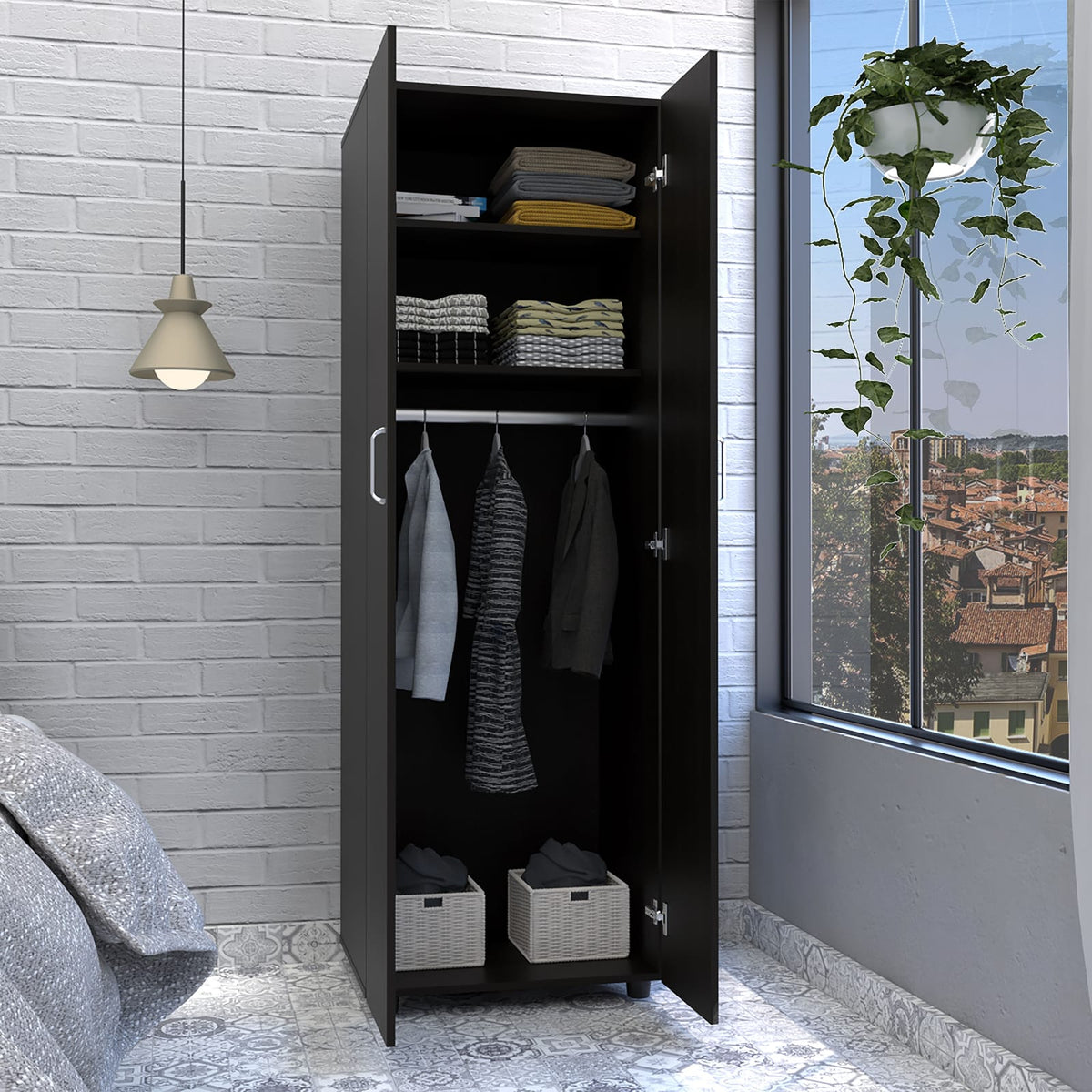 Black Armoire Organizer - 70.8" Tall, Two Shelves & Rod