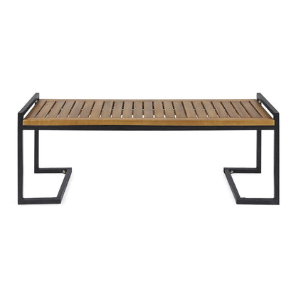 Teak Acacia Wood Patio Bench with Iron Frame for Garden Seating