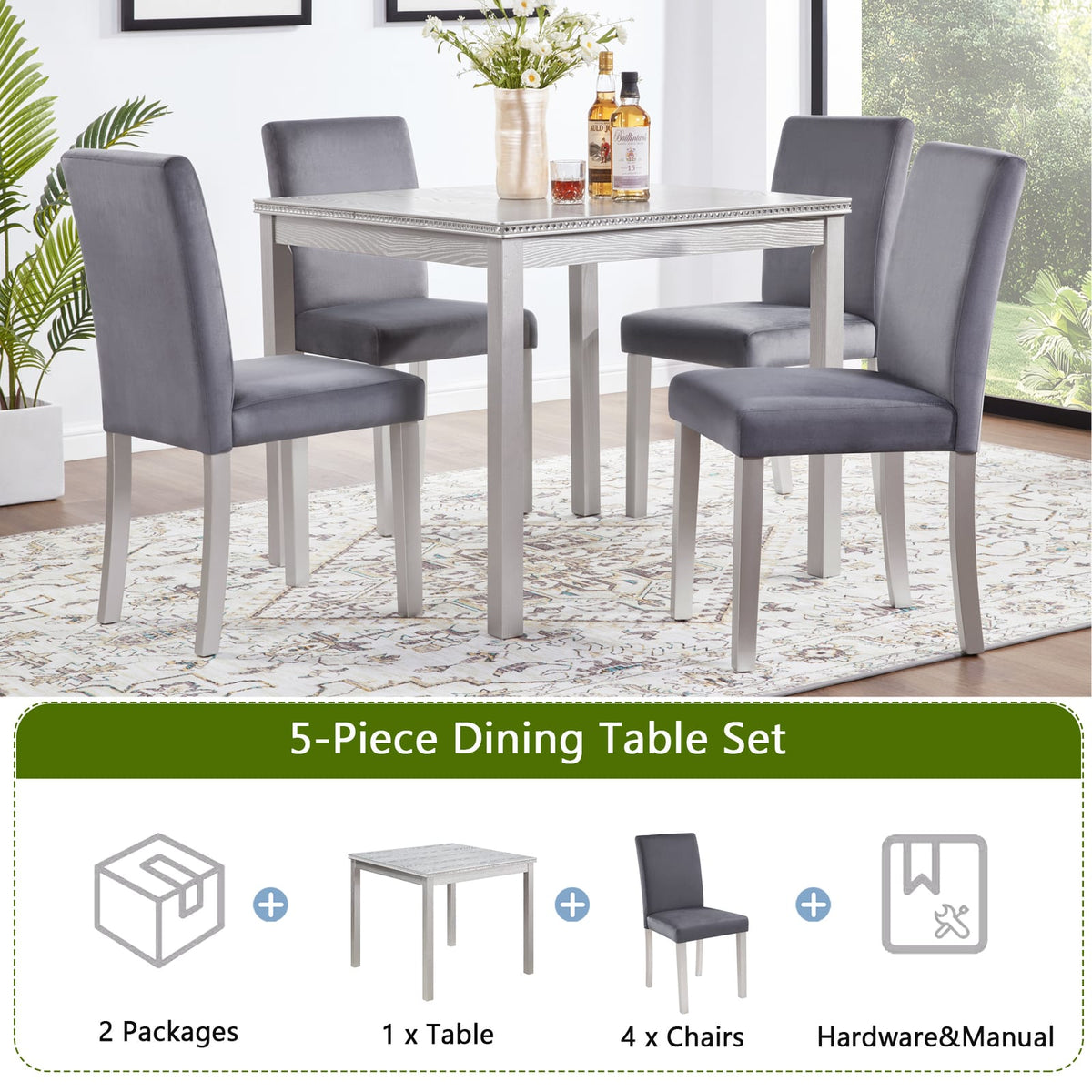Silver Grey Square Dining Table Set - 4 Chairs