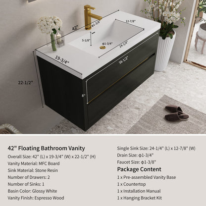 42" Espresso Wood Bathroom Vanity - Floating Storage Cabinet with Stone Resin Sink