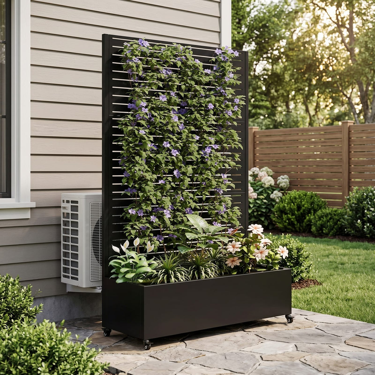 Black Metal Trellis Planter Box for Balcony Garden & Privacy Screen