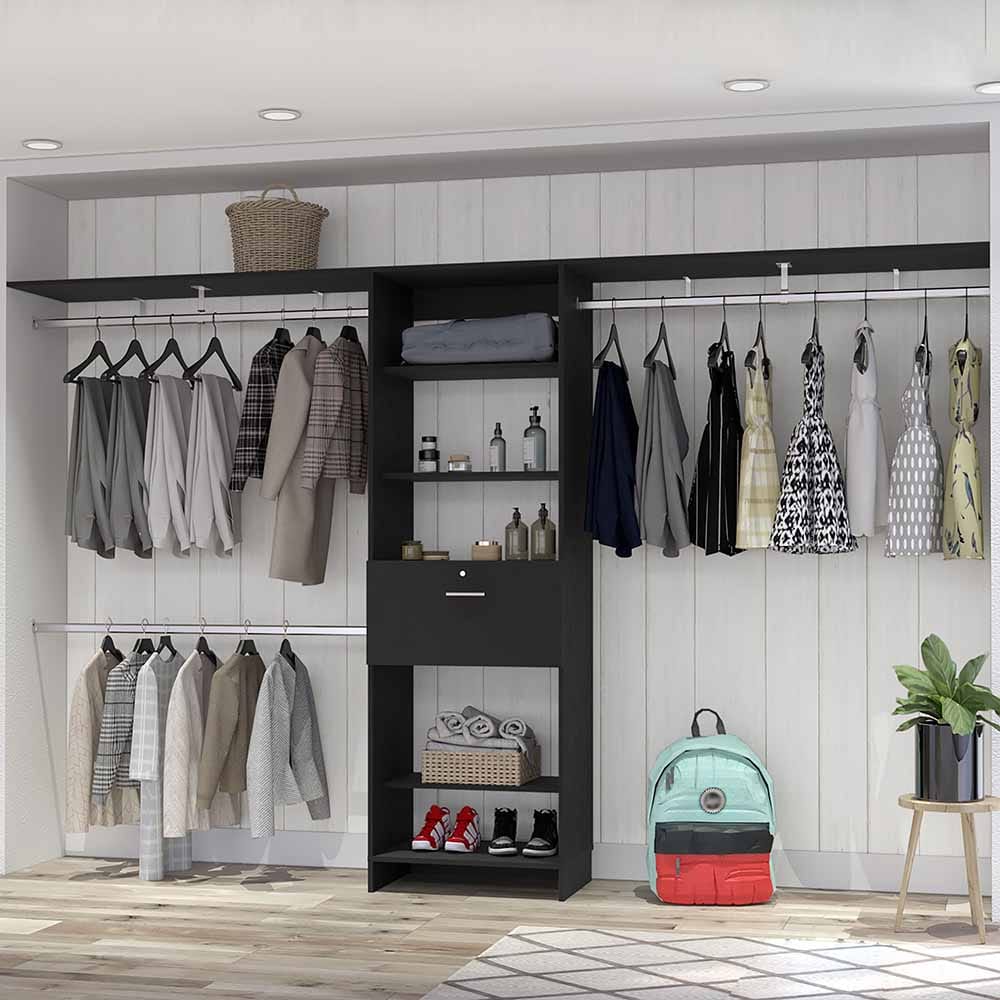 118" Black Bedroom Dresser with Three Shelves & Drawer