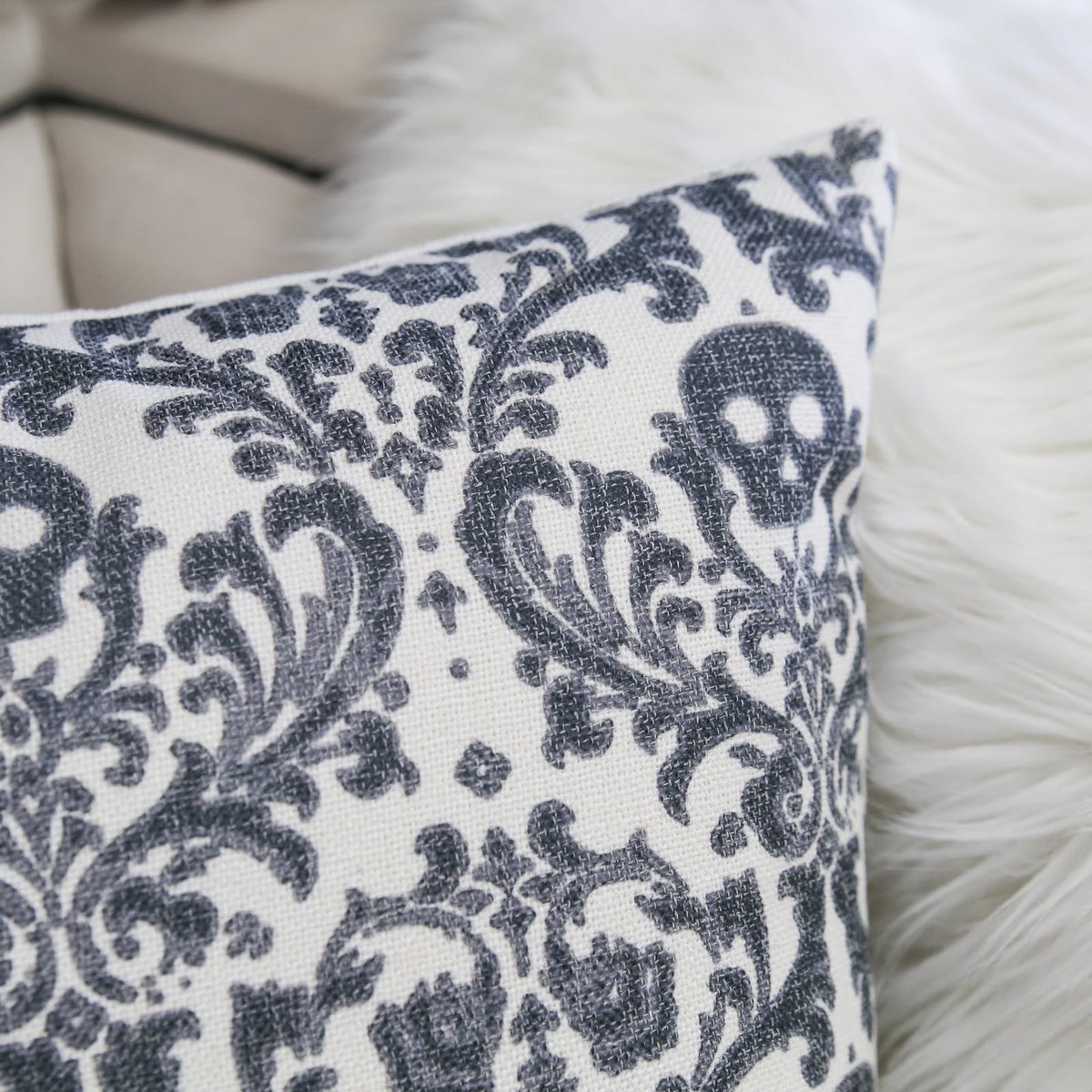 Baroque Skull Throw Pillow Gothic Gray & White Day of the Dead Accent Cushion