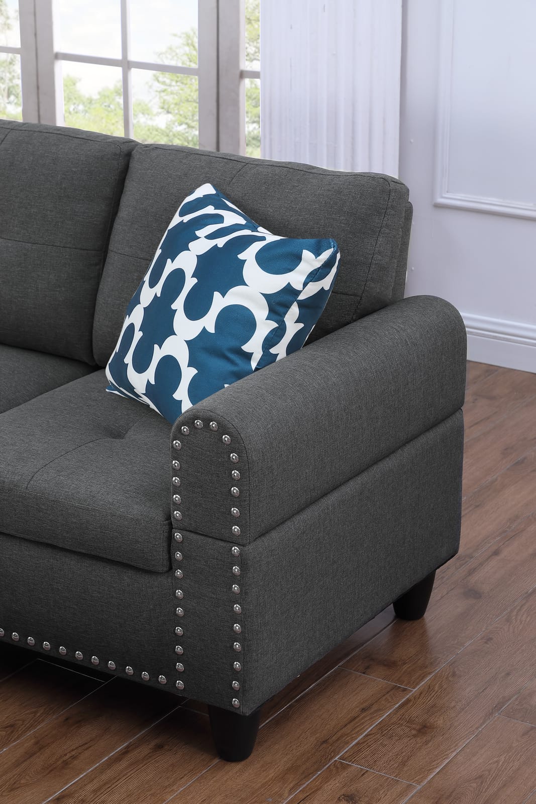 Dark Gray Linen Corner Sofa - 3 Seat with Storage