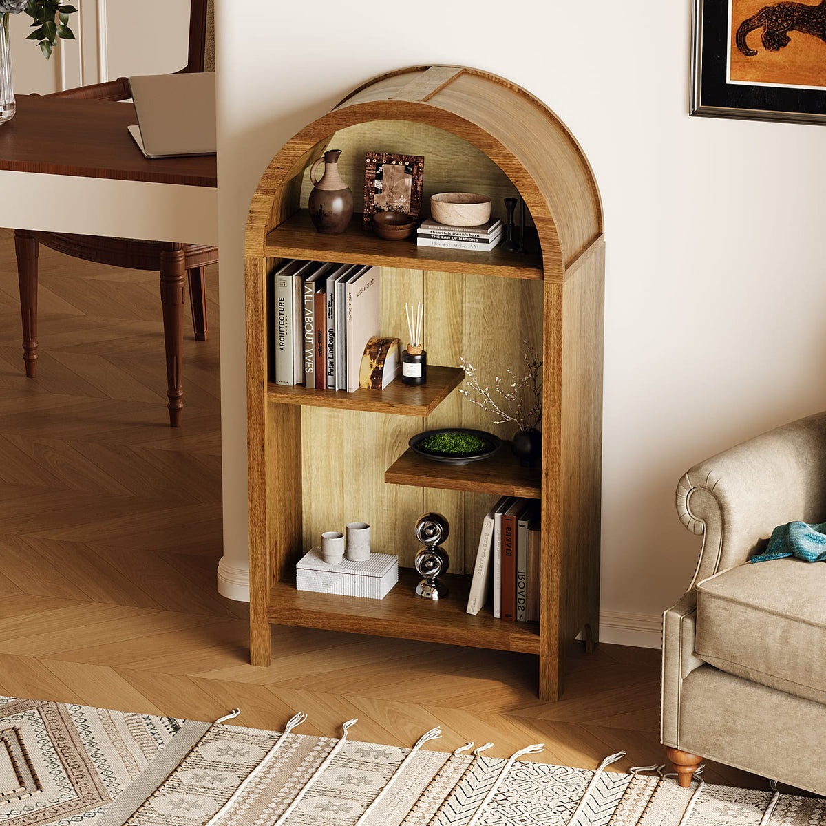 Walnut Melamine Arched Display Cabinet for Entryway or Living Room Storage