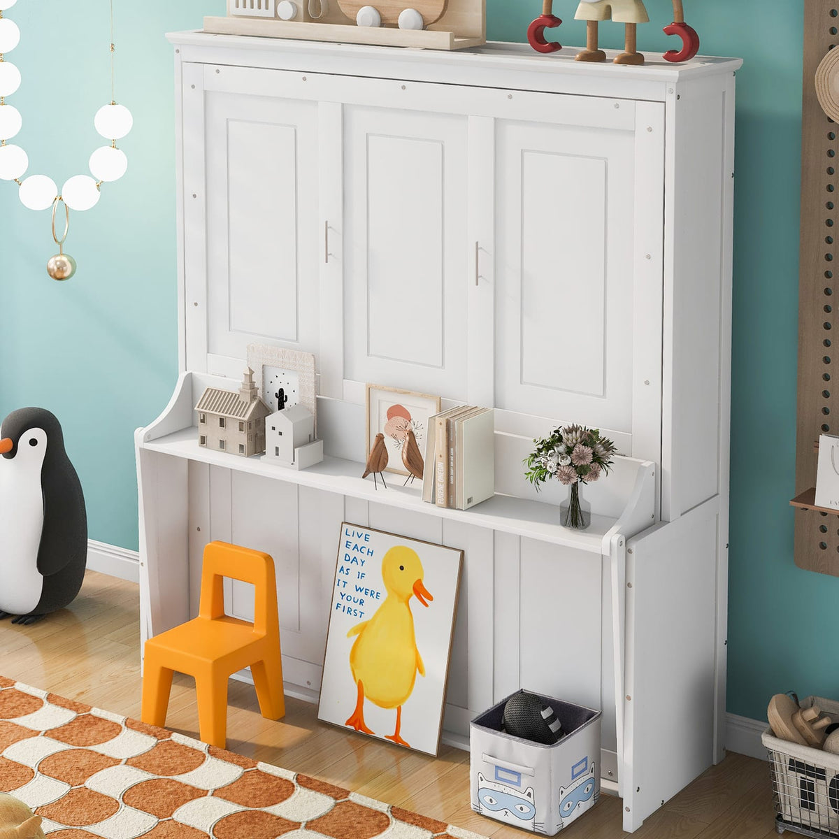 Queen Murphy Bed with Shelf for Bedroom Storage in White