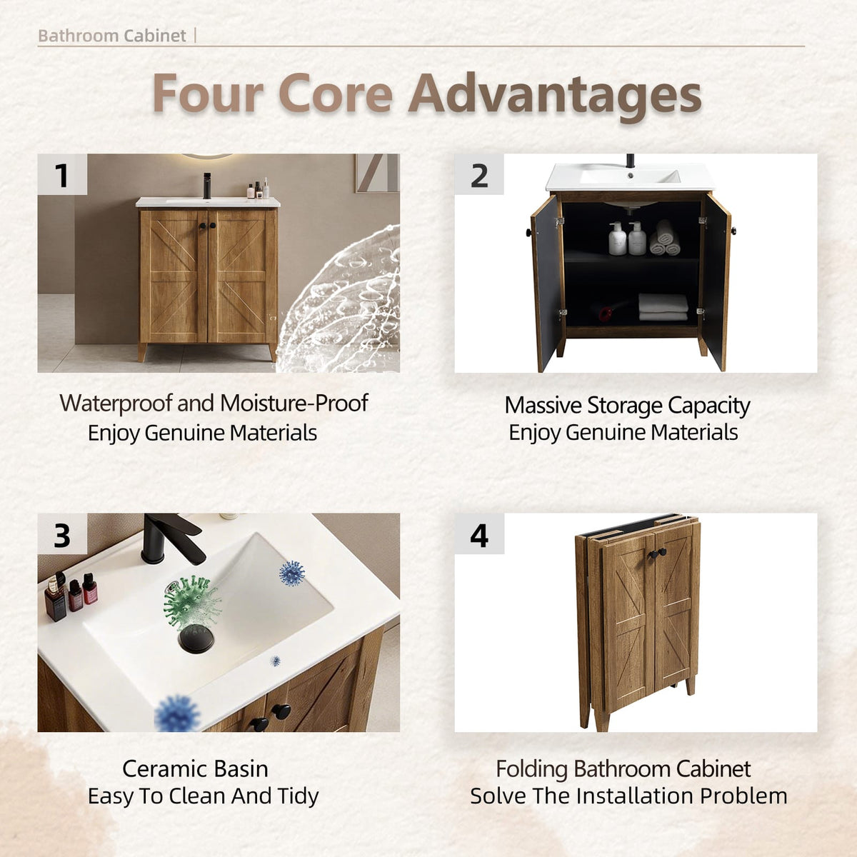 30 Inch Golden Oak Foldable Bathroom Vanity Cabinet