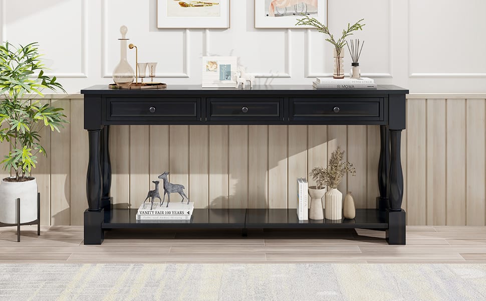Espresso Solid Wood Console Table with 3 Drawers for Living Room