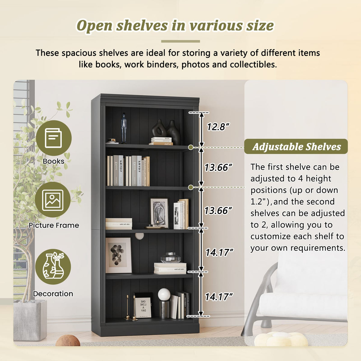 83 Inch Black Wood Bookcase with LED Light Strip