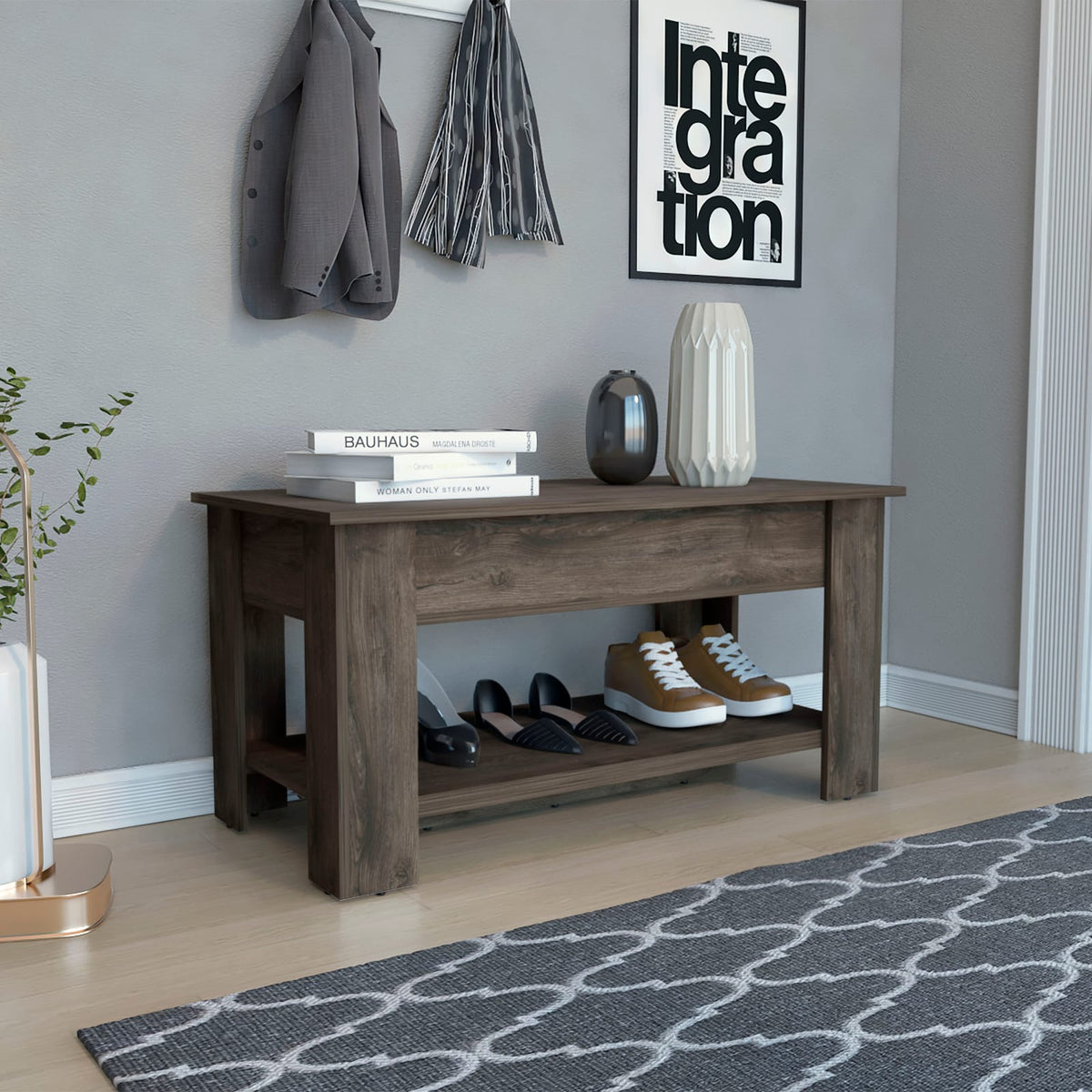 Brown Particle Board Storage Bench with Liftable Top for Living Room