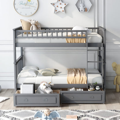 Twin Over Twin Bunk Bed Gray Wood Frame for Bedroom