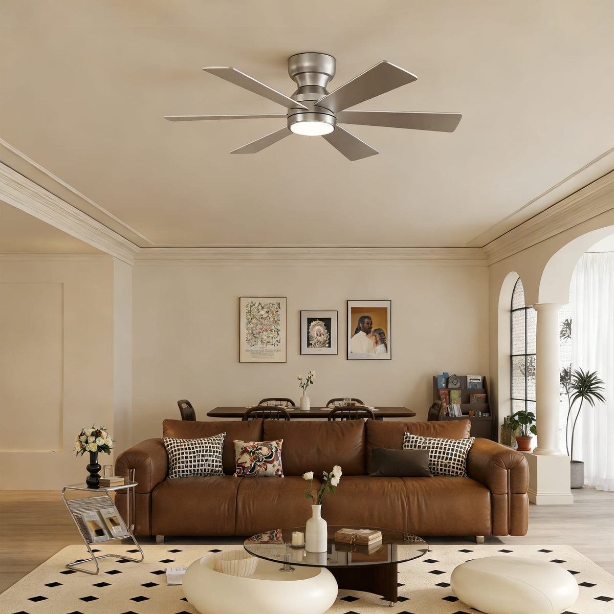 46 Inch Silver Ceiling Fan with Remote Control, 6 Plywood Blades, Quiet DC Motor