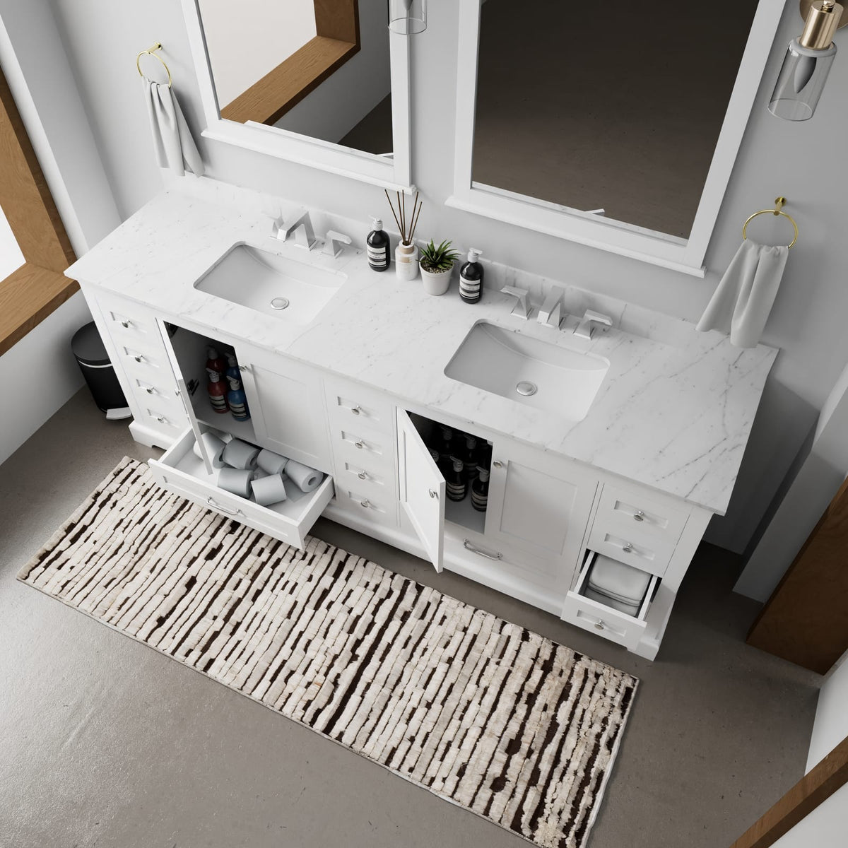 White Double Bath Vanity - Carrara Marble Top, Faucet Included