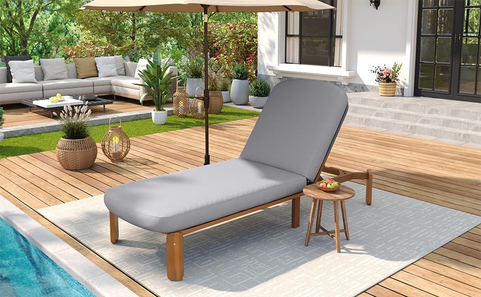 Grey Acacia Wood Patio Chaise Lounge - Adjustable Reclining Outdoor Chair