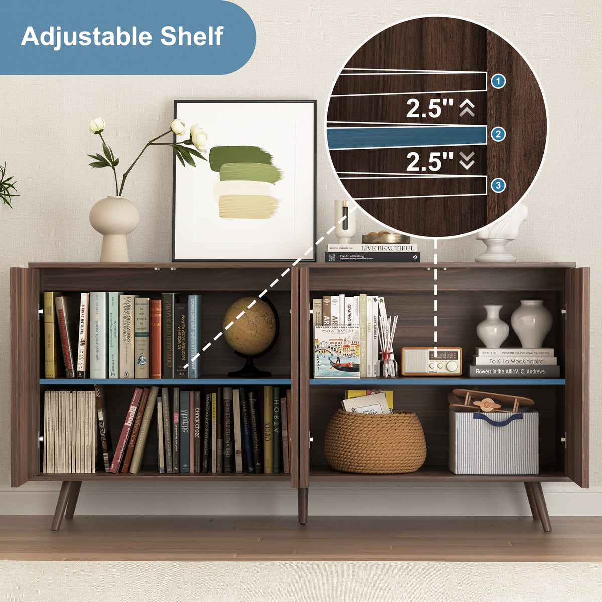Walnut Sideboard Buffet Cabinet - Long Storage Console