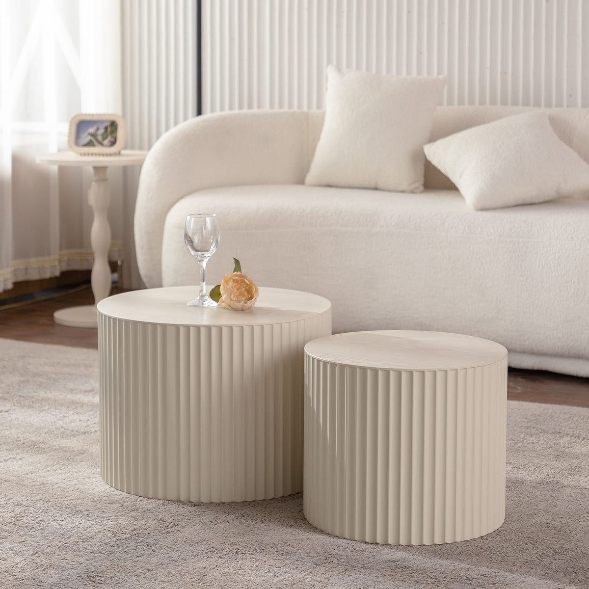 Beige White Round Nesting Coffee Table Set of 2