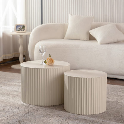 Beige White Round Nesting Coffee Table Set of 2