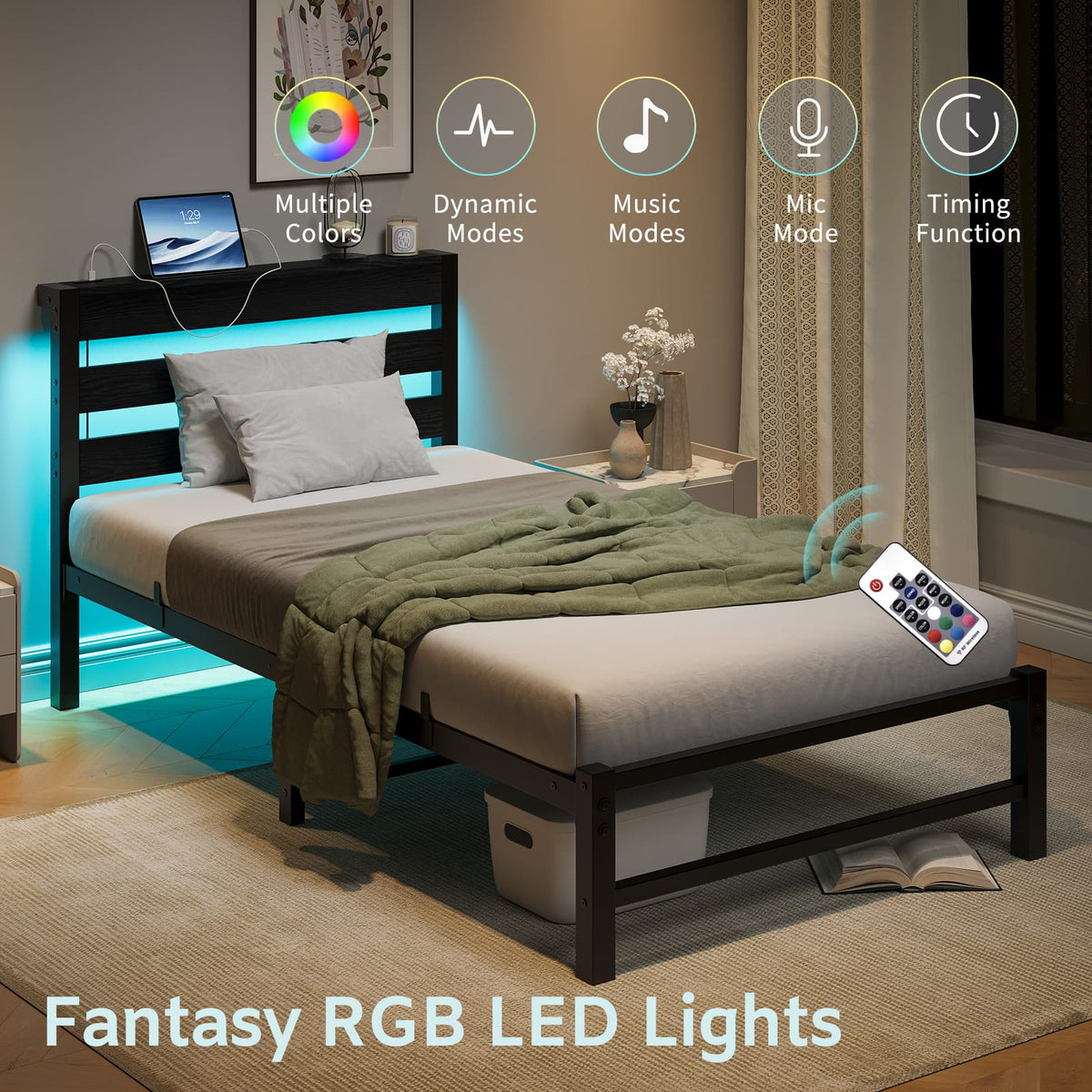 Twin Size Metal Bed Frame with LED Lights & USB Charging